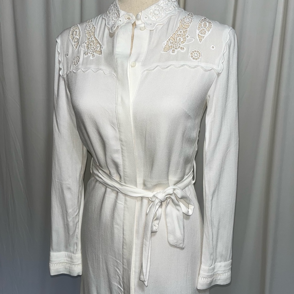 Topshop White Shirt Dress with Lace Details and Belted Waist Size 2